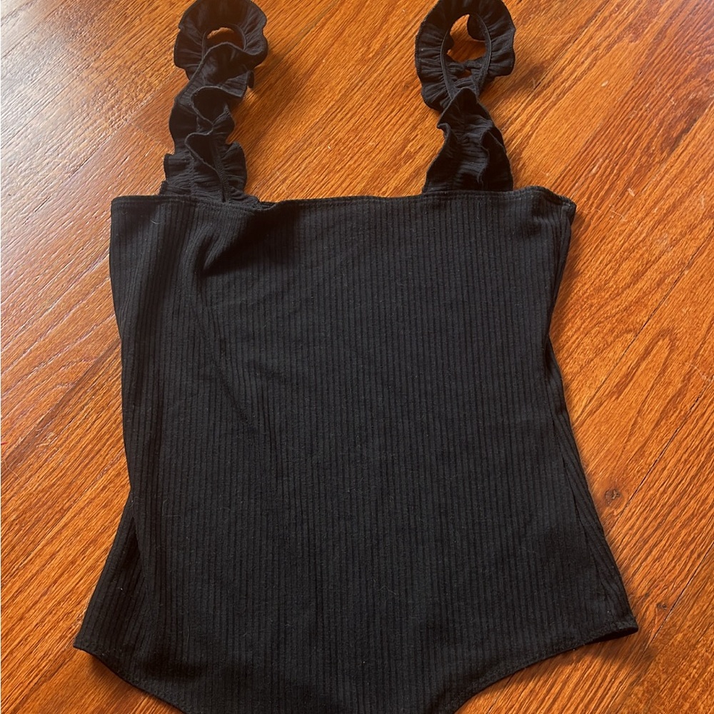 Cotton black bodysuit with ruffle straps